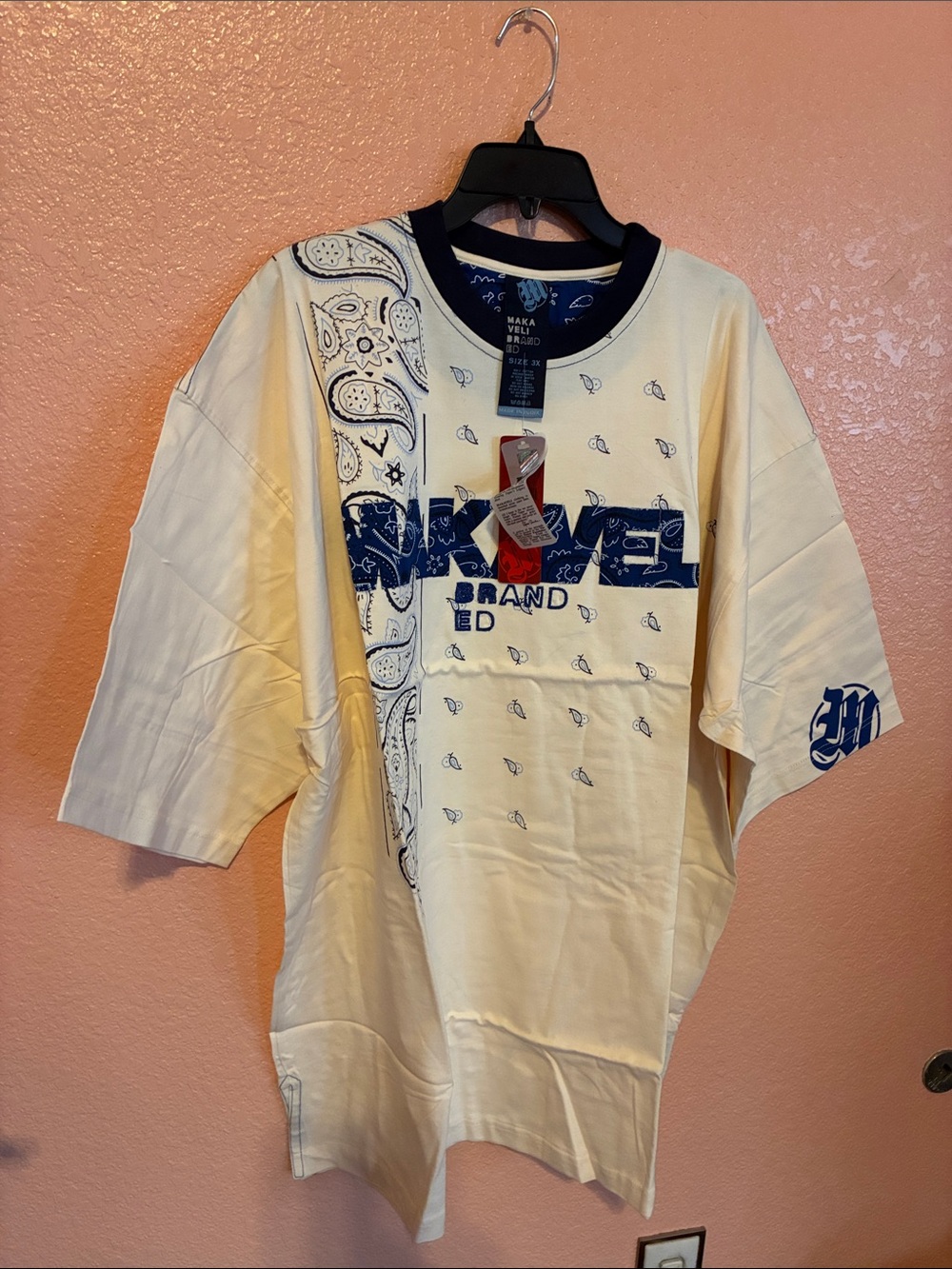 Makaveli (Tupac) Brand Cream Short-Sleeve Graphic Tee with Navy Accents